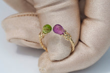 Load image into Gallery viewer, 14k solid gold ring with natural Amethyst and Peridot. Briolette ring. Adjustable ring. Twisted ring. Rope ring. February birthstone.