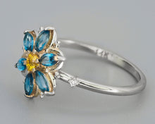 Load image into Gallery viewer, 14K Gold natural topaz and sapphire ring. Forget Me Not gold ring. Marquise ring. Floral Band With topazes and sapphire. Alaska floral.