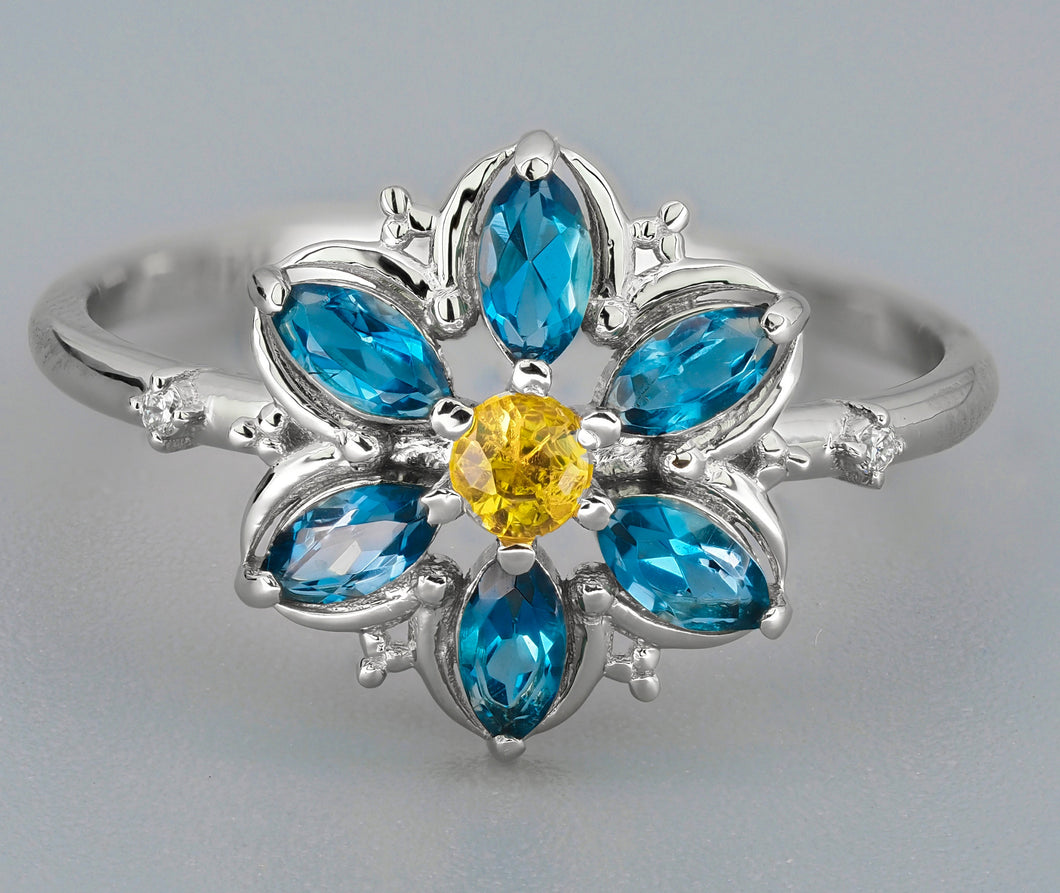 14K Gold natural topaz and sapphire ring. Forget Me Not gold ring. Marquise ring. Floral Band With topazes and sapphire. Alaska floral.