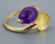 Load image into Gallery viewer, 14k gold ring with amethyst and citrine. Cabochon ring. Twisted ring. February birthstone. November birthstone. Valentine gift for her