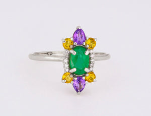 14k solid gold ring with oval Emerald, Amethysts, Sapphires, Diamonds. Colorful ring. Rainbow ring. Multi Color Natural Gemstone Ring.