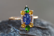 Load image into Gallery viewer, 14k Gold ring with cabochon Sapphire, Chrome diopsides, Sapphires, Diamonds. Colorful ring. Rainbow ring. Multi Color Natural Gemstone Ring.