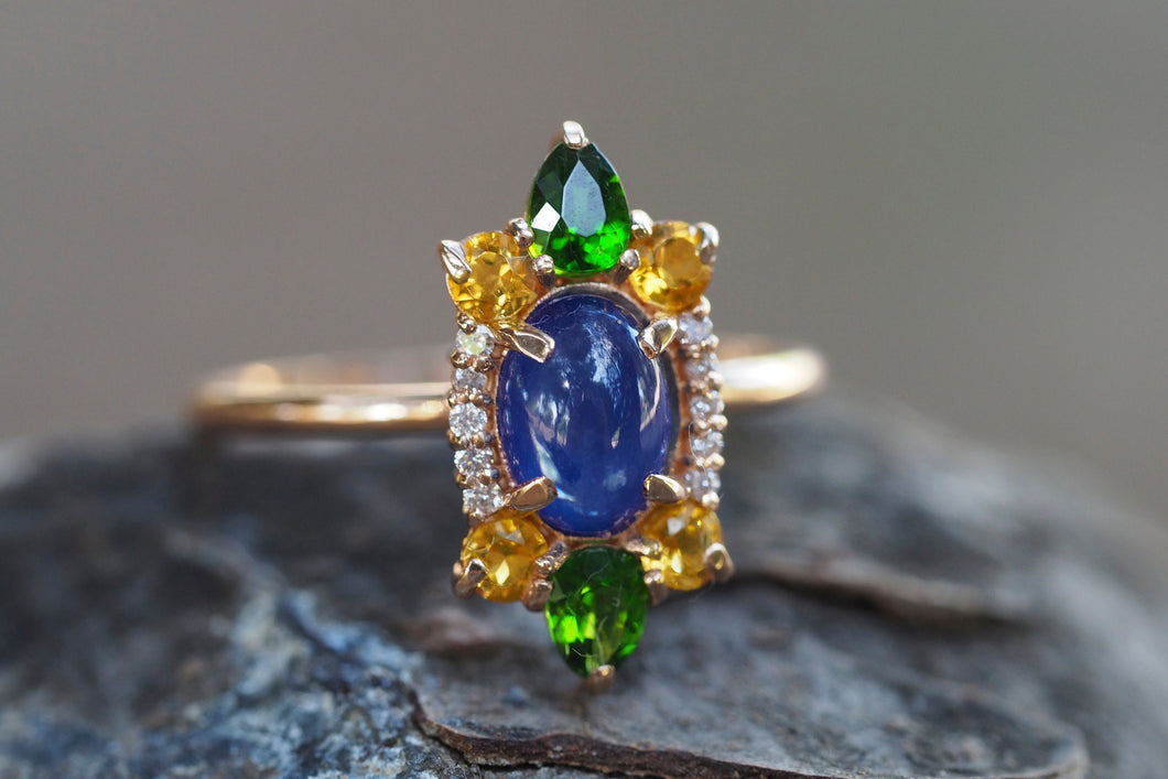 14k Gold ring with cabochon Sapphire, Chrome diopsides, Sapphires, Diamonds. Colorful ring. Rainbow ring. Multi Color Natural Gemstone Ring.