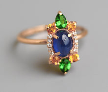 Load image into Gallery viewer, 14k Gold ring with cabochon Sapphire, Chrome diopsides, Sapphires, Diamonds. Colorful ring. Rainbow ring. Multi Color Natural Gemstone Ring.