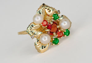 14k gold ring with sapphires, pearls, emeralds. Flower Ring. Colorful ring. Genuine Sapphire ring. Pearl ring. Emerald ring. Floral jewelry.