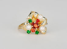 Load image into Gallery viewer, 14k gold ring with sapphires, pearls, emeralds. Flower Ring. Colorful ring. Genuine Sapphire ring. Pearl ring. Emerald ring. Floral jewelry.
