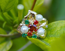 Load image into Gallery viewer, 14k gold ring with sapphires, pearls, emeralds. Flower Ring. Colorful ring. Genuine Sapphire ring. Pearl ring. Emerald ring. Floral jewelry.