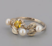Load image into Gallery viewer, 14k solid gold ring with oval yellow sapphire, diamonds and pearls.  Floral ring. September birthstone ring. Branch ring. Sapphire tree ring