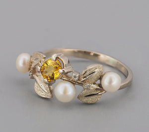 14k solid gold ring with oval yellow sapphire, diamonds and pearls.  Floral ring. September birthstone ring. Branch ring. Sapphire tree ring