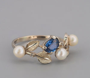 14k solid gold ring with oval natural sapphire, diamonds and pearls. Floral ring. September birthstone. Branch ring. Sapphire tree ring.