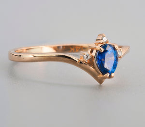14k gold ring with pear 0.50 ct natural sapphire. Blue gemstone ring. September birthstone. Genuine sapphire ring. Vintage engagement ring.