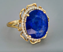 Load image into Gallery viewer, 14k Solid Gold Ring with Large Natural Sapphire and Diamonds. Statement ring. September birthstone. Genuine sapphire ring. Blue sapphire.