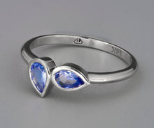 Load image into Gallery viewer, 14k solid gold ring with pear tanzanites. Blue gemstone ring. 2 gemstones ring. Bezel set Genuine Tanzanite ring. Dainty Tanzanite Ring