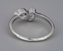 Load image into Gallery viewer, 14k solid gold ring with pear tanzanites. Blue gemstone ring. 2 gemstones ring. Bezel set Genuine Tanzanite ring. Dainty Tanzanite Ring