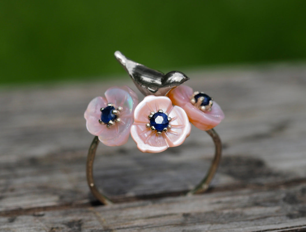 14k solid gold ring with natural round sapphires. Shell flower gold ring. Bird on branch ring. Blue sapphire ring. Floral gold ring.