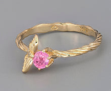 Load image into Gallery viewer, 14k gold ring with genuine natural pink sapphire. Butterfly on branch ring. Butterfly on twig ring. Nature inspired ring. Butterfly Ring