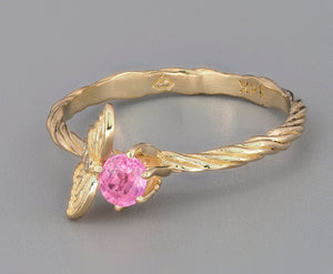 14k gold ring with genuine natural pink sapphire. Butterfly on branch ring. Butterfly on twig ring. Nature inspired ring. Butterfly Ring
