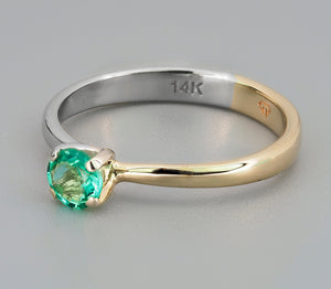 14k gold ring with round 0.50 ct natural emerald and diamonds. White and yellow gold ring. Dainty Emerald engagement ring. May Birthstone