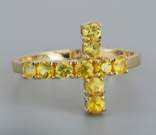 Load image into Gallery viewer, Natural Yellow Sapphire Cross Band. Elegant Cross Ring with Sapphires. Catholic cross sideways. Cross Statement Ring. Semi Eternity ring.