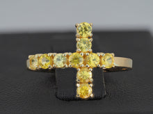 Load image into Gallery viewer, Natural Yellow Sapphire Cross Band. Elegant Cross Ring with Sapphires. Catholic cross sideways. Cross Statement Ring. Semi Eternity ring.