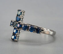 Load image into Gallery viewer, Natural Blue Sapphire Cross Band. Elegant Cross Gold Ring with Natural Sapphires. September birthstone. Cross Statement Ring. Semi Eternity