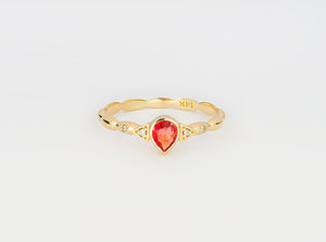 14k solid gold ring with pear 0.50 ct natural sapphire and diamonds. September birthstone. Orange sapphire ring. Dainty gold ring.