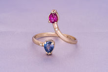 Load image into Gallery viewer, 14K Solid Gold Ring With Natural Sapphire and Garnet. Rhodolite garnet ring. Blue sapphire. Open Ended Ring. Free size. September birthstone