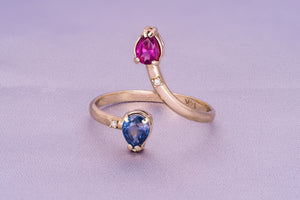 14K Solid Gold Ring With Natural Sapphire and Garnet. Rhodolite garnet ring. Blue sapphire. Open Ended Ring. Free size. September birthstone