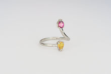 Load image into Gallery viewer, Solid 14k Gold Natural Sapphire and Garnet ring band. Rhodolite garnet ring. Yellow sapphire ring. Open Ended. Free size ring. Pear gem ring