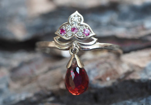 14k gold Lotus ring with Garnet, Rubies and Diamonds. Gold Lotus Flower Ring. Red Lotus Ring. Garnet briolette gold ring. Ruby lotus ring.