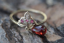 Load image into Gallery viewer, 14k gold Lotus ring with Garnet, Rubies and Diamonds. Gold Lotus Flower Ring. Red Lotus Ring. Garnet briolette gold ring. Ruby lotus ring.