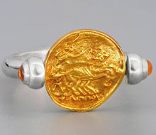 Load image into Gallery viewer, Vintage 14k Solid Gold Coin Ring. Ancient Coin Reversible Ring. Men, unisex ring. Ancient, Greece, Byzantium, Roman coin. Sapphire ring.