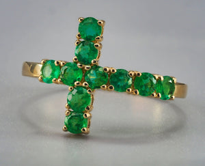 Natural Emerald Cross Ring Band. Emerald ring. Elegant Cross Ring with Emeralds. Catholic cross sideways. Statement Ring. Eternity ring.