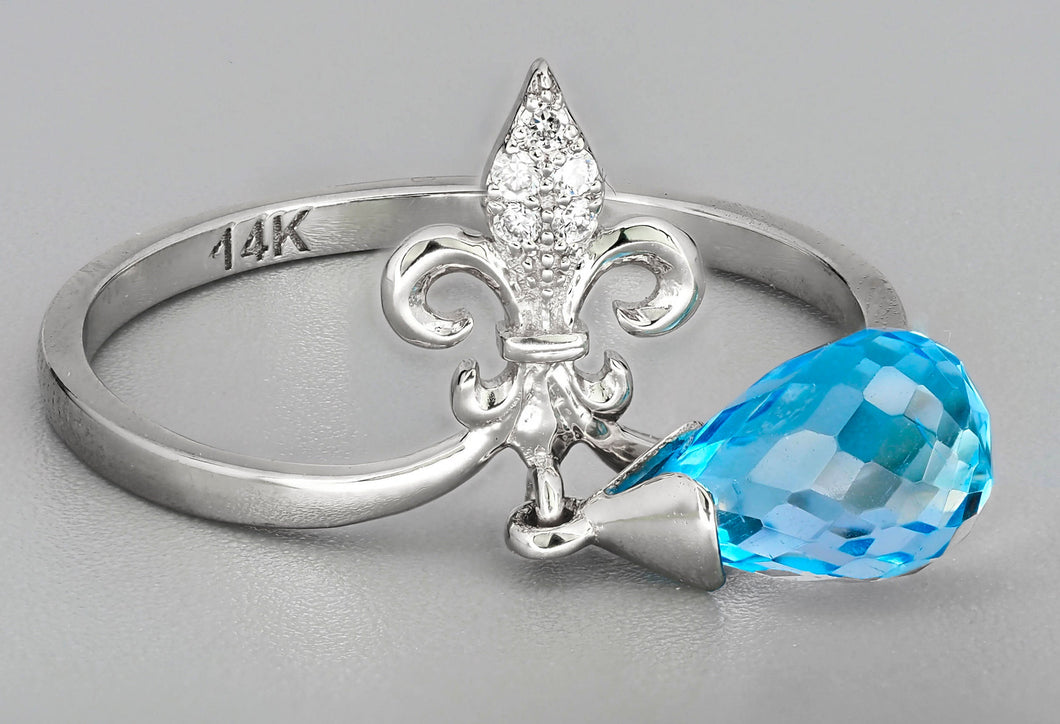 14k gold Royal Lily ring with natural Topaz and diamonds. Gold Flower Ring. Lily Diamond Gold Ring. Lily Gold ring. November birthstone.