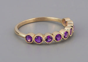 2.5 mm Natural Amethyst Semi Eternity Ring Band. 14K Gold Purple Stacking Ring Amethyst. February birthstone ring. Eternity Wedding Band.