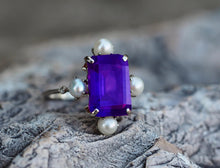Load image into Gallery viewer, 14k gold Amethyst, Pearls, Sapphires, Diamonds ring. Purple gemstone Ring. Baguette cut engagement ring. Cocktail ring. February birthstone