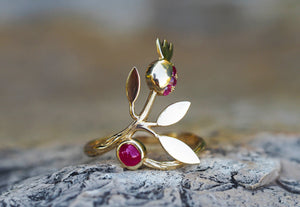 Genuine Ruby solid gold ring. Pomegranate tree ring.  Cabochon ruby ring.  Statement ruby ring. July birthstone. Flower ring. Fruit ring.