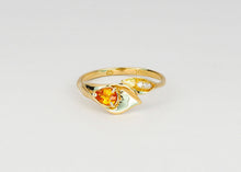 Load image into Gallery viewer, Natural sapphire ring. Calla Lily gold ring. September birthstone ring. Flower gold ring. Yellow sapphire ring. Leaf Ring. Pear sapphire