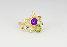 Load image into Gallery viewer, Thistle ring with natural amethyst in 14k gold. Thistle Ring. Flower gold ring. Amethyst and peridots ring. Leaf gold Ring. Purple gem ring