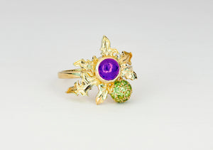Thistle ring with natural amethyst in 14k gold. Thistle Ring. Flower gold ring. Amethyst and peridots ring. Leaf gold Ring. Purple gem ring