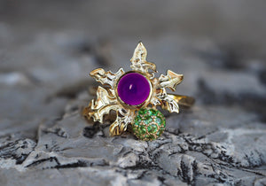 Thistle ring with natural amethyst in 14k gold. Thistle Ring. Flower gold ring. Amethyst and peridots ring. Leaf gold Ring. Purple gem ring