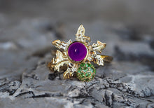 Load image into Gallery viewer, Thistle ring. Amethyst 14k solid gold ring. Scottish Thistle Ring. Flower gold ring. Amethyst ring. Purple gem ring. February birthstone.