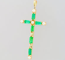 Load image into Gallery viewer, 1 ct Natural Emerald and Pearl Cross Necklace. Solid Gold cross pendant. Religious Cross Necklace. Emerald Necklace for Women. Pearl cross