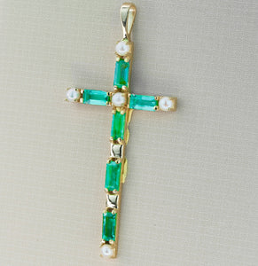 1 ct Natural Emerald and Pearl Cross Necklace. Solid Gold cross pendant. Religious Cross Necklace. Emerald Necklace for Women. Pearl cross
