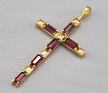 Load image into Gallery viewer, 1 ct Natural Garnet Cross Necklace. Solid Gold cross pendant. Religious Cross Necklace. Baguette Garnet cross pendant. Cross Charm Necklace