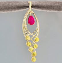 Load image into Gallery viewer, 14k solid gold Pendant with natural Ruby, Sapphires and Diamonds. Yellow sapphire pendant. Ruby Pendant. Pear ruby charm. July birthstone.