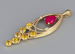 14k solid gold Pendant with natural Ruby, Sapphires and Diamonds. Yellow sapphire pendant. Ruby Pendant. Pear ruby charm. July birthstone.