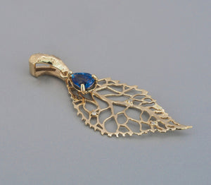 14k solid gold Leaf pendant with blue Sapphire. 14k gold pendant with sapphire and diamonds. Sapphire gold charm. September birthstone