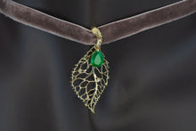 Load image into Gallery viewer, Emerald pendant. Gold Leaf pendant with pear Emerald. 14k gold pendant with emerald and diamonds. Teardrop Emerald Pendant. May birthstone.