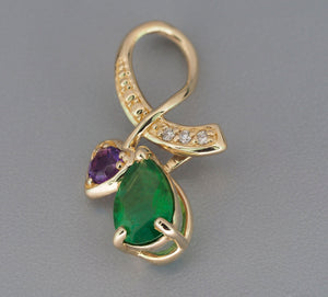 Gold Leaf pendant with pear natural Emerald. 14k gold pendant with emerald, amethyst and diamonds. Teardrop Emerald Pendant. May birthstone.